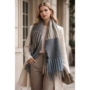 Epice Copenhagen Paris 100% Wool Scarf Blue Grey Mixed Pattern Patchwork Wrap